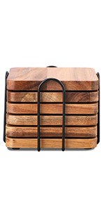 Wood Coasters for Drinks Tabletop Protection with Holder Set of 6, Acacia Wooden Coaster for Coffee Table Dining Table Round with Non-Slip Pad Cup Coaster for Home Christmas Decor 4 Inch
