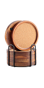 Wood Coasters for Drinks Tabletop Protection with Holder Set of 6, Acacia Wooden Coaster for Coffee Table Dining Table Round with Non-Slip Pad Cup Coaster for Home Christmas Decor 4 Inch