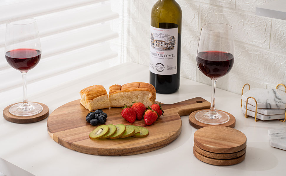 Wood Coasters for Drinks Tabletop Protection with Holder Set of 6, Acacia Wooden Coaster for Coffee Table Dining Table Round with Non-Slip Pad Cup Coaster for Home Christmas Decor 4 Inch