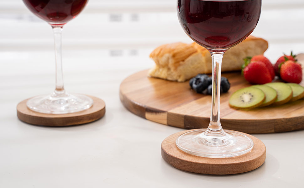 Wood Coasters for Drinks Tabletop Protection with Holder Set of 6, Acacia Wooden Coaster for Coffee Table Dining Table Round with Non-Slip Pad Cup Coaster for Home Christmas Decor 4 Inch