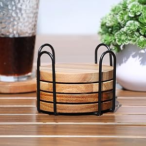 Wood Coasters for Drinks Tabletop Protection with Holder Set of 6, Acacia Wooden Coaster for Coffee Table Dining Table Round with Non-Slip Pad Cup Coaster for Home Christmas Decor 4 Inch