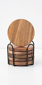 Wood Coasters for Drinks Tabletop Protection with Holder Set of 6, Acacia Wooden Coaster for Coffee Table Dining Table Round with Non-Slip Pad Cup Coaster for Home Christmas Decor 4 Inch