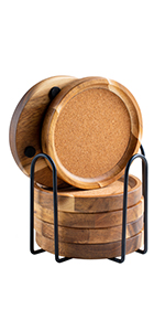 Wood Coasters for Drinks Tabletop Protection with Holder Set of 6, Acacia Wooden Coaster for Coffee Table Dining Table Round with Non-Slip Pad Cup Coaster for Home Christmas Decor 4 Inch