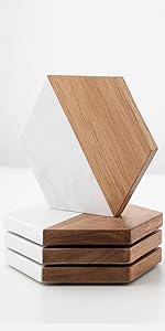 Wood Coasters for Drinks Tabletop Protection with Holder Set of 6, Acacia Wooden Coaster for Coffee Table Dining Table Round with Non-Slip Pad Cup Coaster for Home Christmas Decor 4 Inch