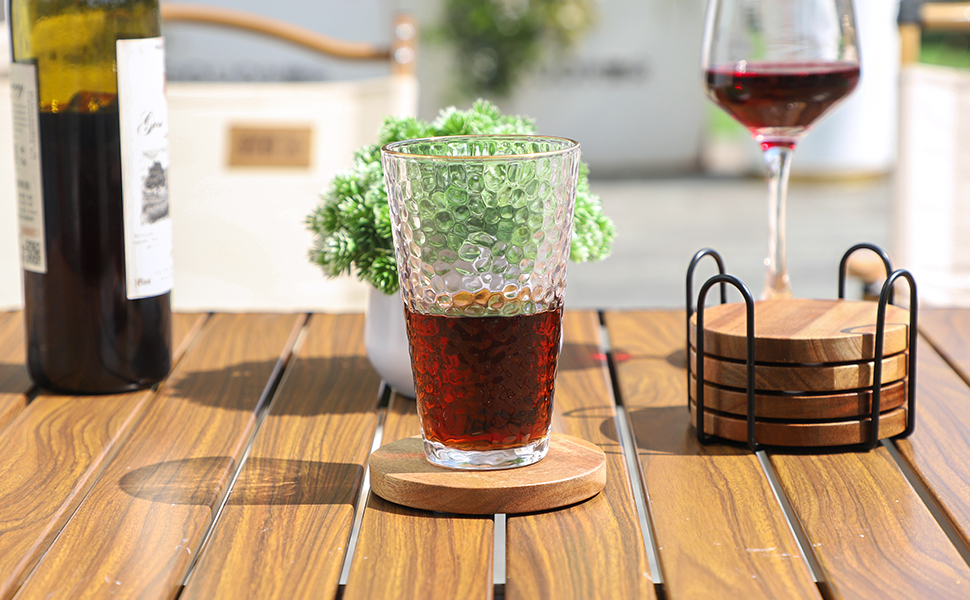 Wood Coasters for Drinks Tabletop Protection with Holder Set of 6, Acacia Wooden Coaster for Coffee Table Dining Table Round with Non-Slip Pad Cup Coaster for Home Christmas Decor 4 Inch