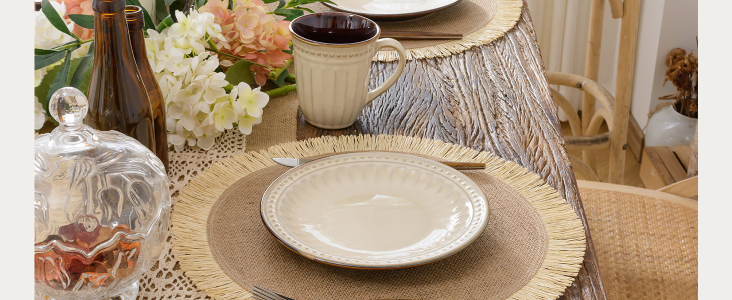 FunWheat Burlap Round Braided Placemats Set of 12 for Dining Tables 15 Inch Heat Resistant Jute Table Mats Farmhouse Woven Fabric Natural Place mats for Fall Decorations Indoor Outdoor(Beige)