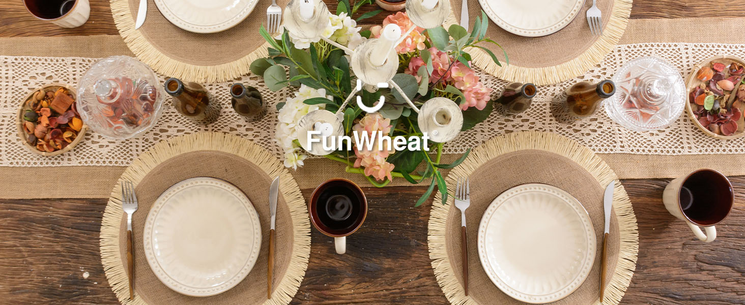 FunWheat Burlap Round Braided Placemats Set of 12 for Dining Tables 15 Inch Heat Resistant Jute Table Mats Farmhouse Woven Fabric Natural Place mats for Fall Decorations Indoor Outdoor(Beige)