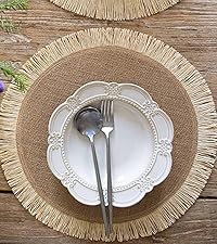 FunWheat Burlap Round Braided Placemats Set of 12 for Dining Tables 15 Inch Heat Resistant Jute Table Mats Farmhouse Woven Fabric Natural Place mats for Fall Decorations Indoor Outdoor(Beige)