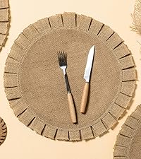 FunWheat Burlap Round Braided Placemats Set of 12 for Dining Tables 15 Inch Heat Resistant Jute Table Mats Farmhouse Woven Fabric Natural Place mats for Fall Decorations Indoor Outdoor(Beige)