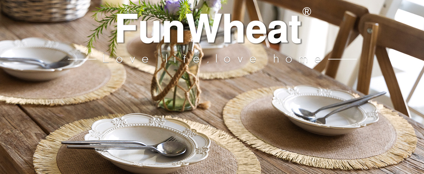 FunWheat Burlap Round Braided Placemats Set of 12 for Dining Tables 15 Inch Heat Resistant Jute Table Mats Farmhouse Woven Fabric Natural Place mats for Fall Decorations Indoor Outdoor(Beige)