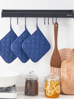 Kitchen Pot Holders Set Heat Resistant Pure Cotton Potholders Kit Trivets Large Coasters Hot Pads Terry Pot Holders for Everyday Cooking and Baking by 7 x 7 Inch Set of 6 Dark Blue
