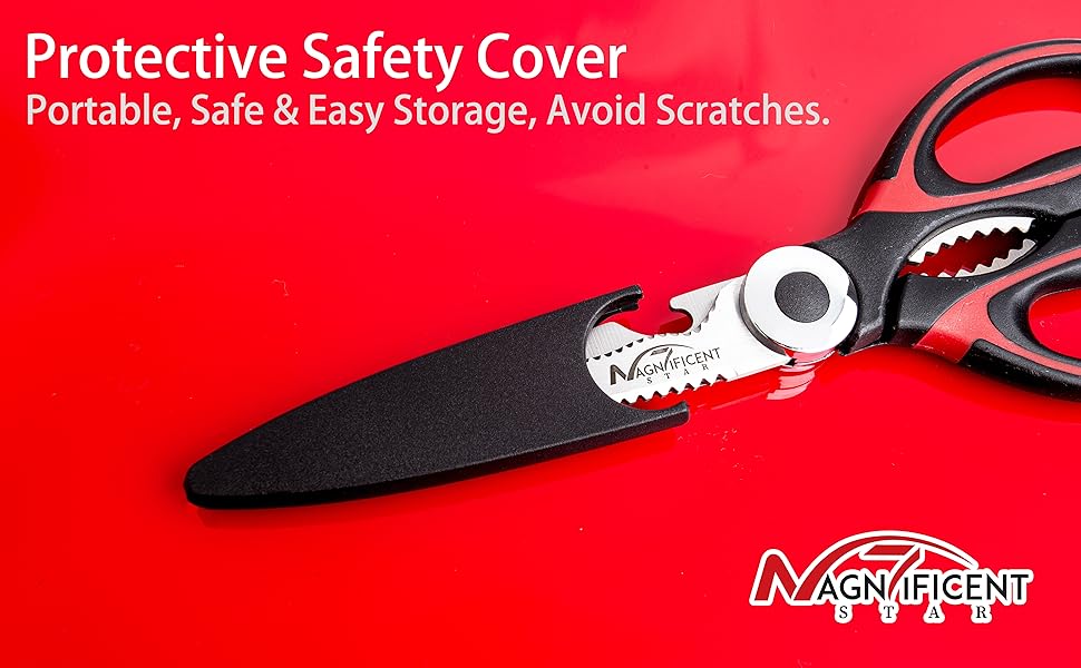 Magnificent Latest Heavy Duty Sharp Kitchen Scissors with Safety Cover and Gift, Multi-Function Kitchen Tool, Utility Kitchen Scissor, Shears for Poultry Fish Meat Vegetables Bone BBQ Nuts (RED)
