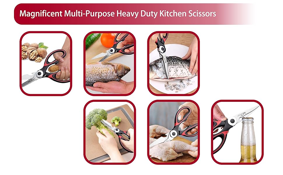 Magnificent Latest Heavy Duty Sharp Kitchen Scissors with Safety Cover and Gift, Multi-Function Kitchen Tool, Utility Kitchen Scissor, Shears for Poultry Fish Meat Vegetables Bone BBQ Nuts (RED)