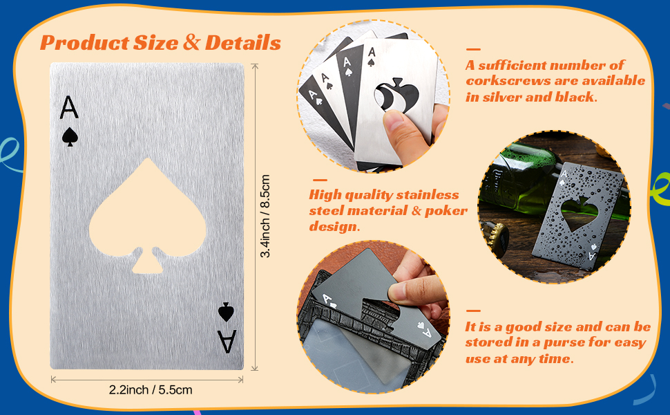 Chumia Poker Card Bottle Openers Stainless Steel Poker Card Beer Ace Bottle Cap Openers for Wedding Birthday Party Bridal Shower Table Tools Supplies(Silver, Black,24 Pieces)