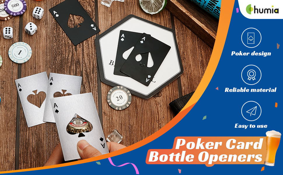 Chumia Poker Card Bottle Openers Stainless Steel Poker Card Beer Ace Bottle Cap Openers for Wedding Birthday Party Bridal Shower Table Tools Supplies(Silver, Black,24 Pieces)