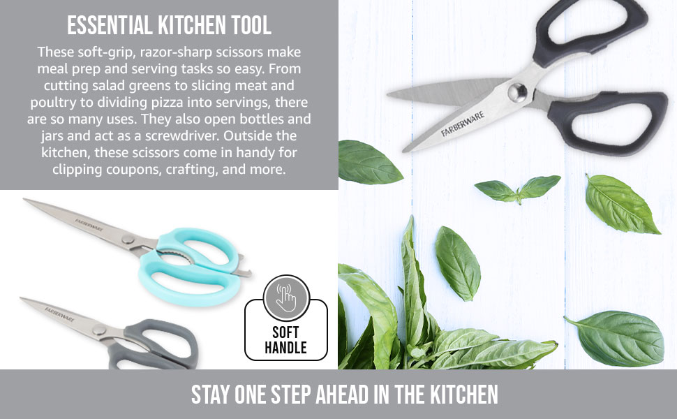 Farberware Comfort Grip Kitchen Scissors, 2 Pack, Aqua and Gray