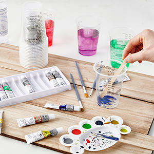 100 PACK Plastic Measuring Cups, 10 oz Disposable Mixing Cups with 100 Wooden Mixing Sticks, Can Be Used for Epoxy Resin, Liquid Measuring, Paint, Cooking and Baking