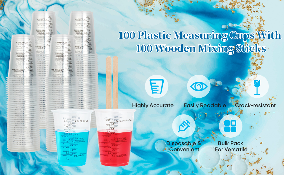 100 PACK Plastic Measuring Cups, 10 oz Disposable Mixing Cups with 100 Wooden Mixing Sticks, Can Be Used for Epoxy Resin, Liquid Measuring, Paint, Cooking and Baking