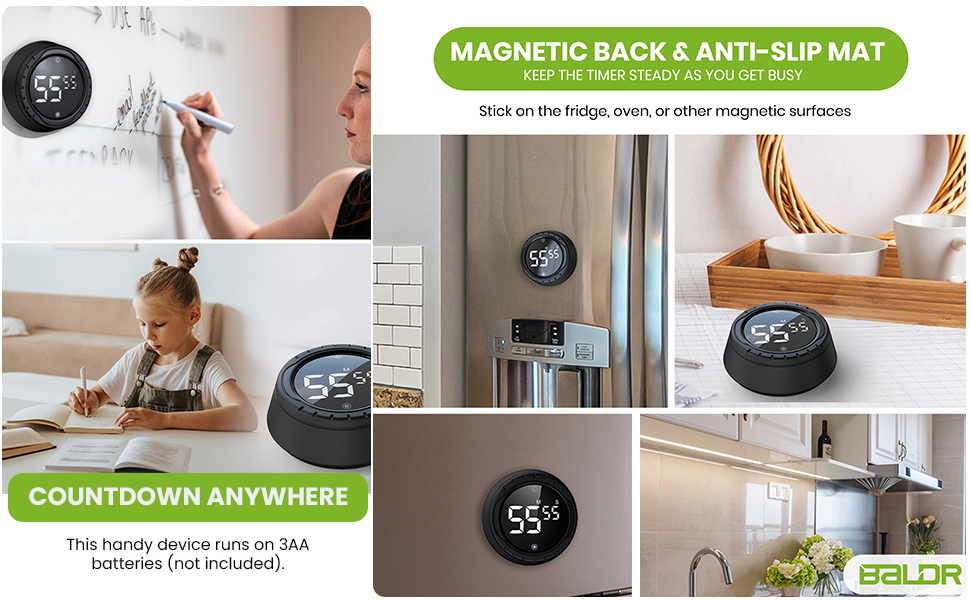 BALDR Digital Kitchen Timer with Rotating Desk Display, Strong Magnet, Count Up/Down & Beeping Alerts - Productivity Timer & Magnetic Timers for Classroom and Kitchen (White)