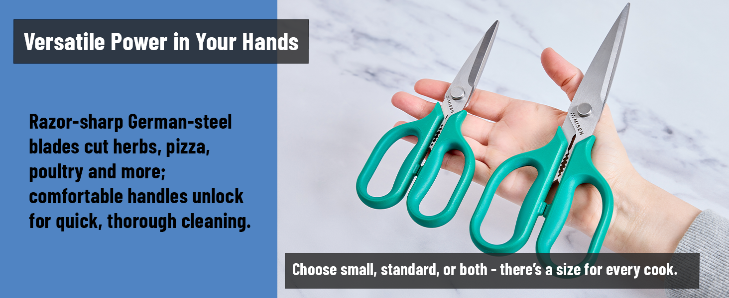 Misen Heavy Duty Kitchen Shears - Stainless Steel, Versatile and Easy Clean Scissors for Meat, Herbs and Veggies - Ambidextrous Comfort Handle - Professional Grade - Blue