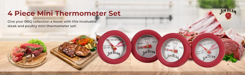 Jim Beam, Pack of 4 Poultry Meat, Instant Read Food Stainless Steel Dial Mates Barbecue BBQ Tools, Grilling and Baking Steak Thermometers, Set of 4, Mini, Red, (JB0134-1)