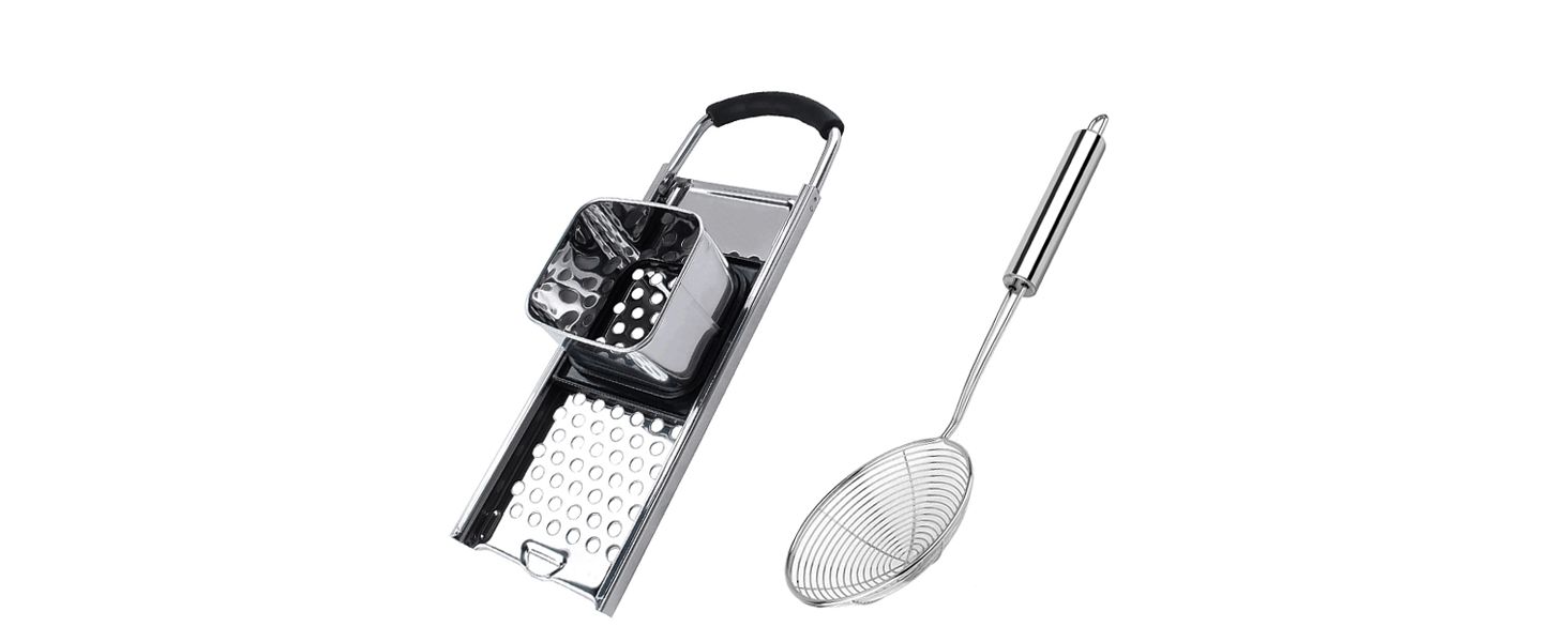 Premium Grade Stainless Steel Spaetzle Maker with Comfort Grip Handle, Stainless Steel Spider Strainer Skimmer Spoon Pasta Strainer, Homemade German Egg Noodle Dumpling Making Tool Set