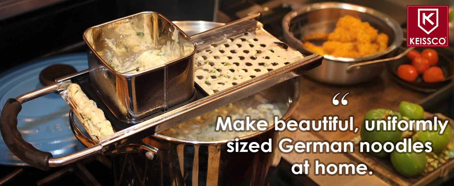 Premium Grade Stainless Steel Spaetzle Maker with Comfort Grip Handle, Stainless Steel Spider Strainer Skimmer Spoon Pasta Strainer, Homemade German Egg Noodle Dumpling Making Tool Set