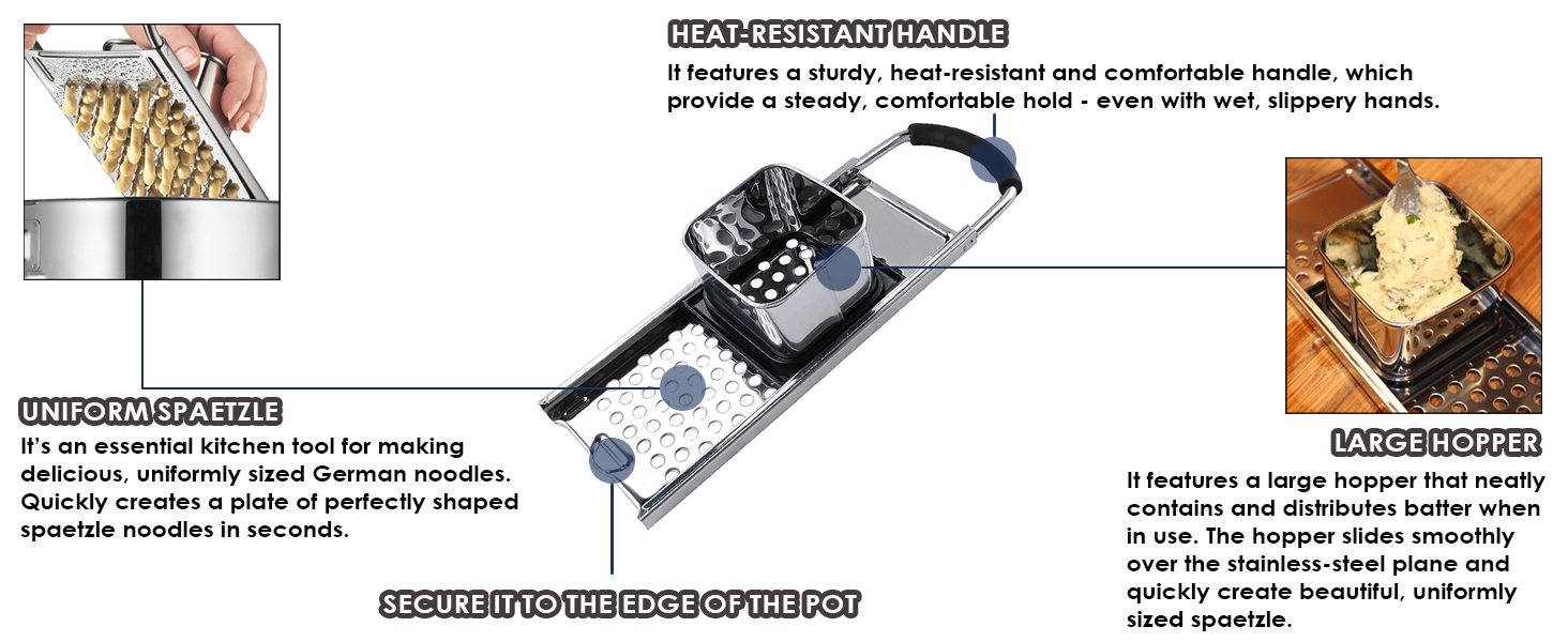 Premium Grade Stainless Steel Spaetzle Maker with Comfort Grip Handle, Stainless Steel Spider Strainer Skimmer Spoon Pasta Strainer, Homemade German Egg Noodle Dumpling Making Tool Set