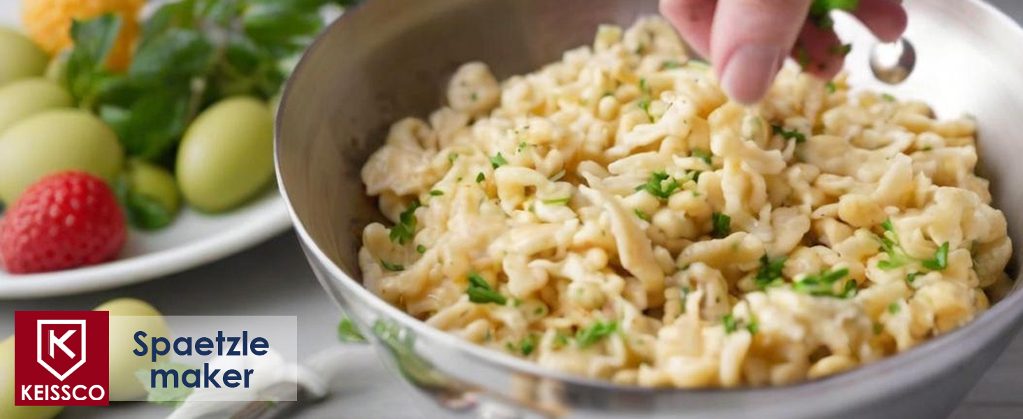 Premium Grade Stainless Steel Spaetzle Maker with Comfort Grip Handle, Stainless Steel Spider Strainer Skimmer Spoon Pasta Strainer, Homemade German Egg Noodle Dumpling Making Tool Set