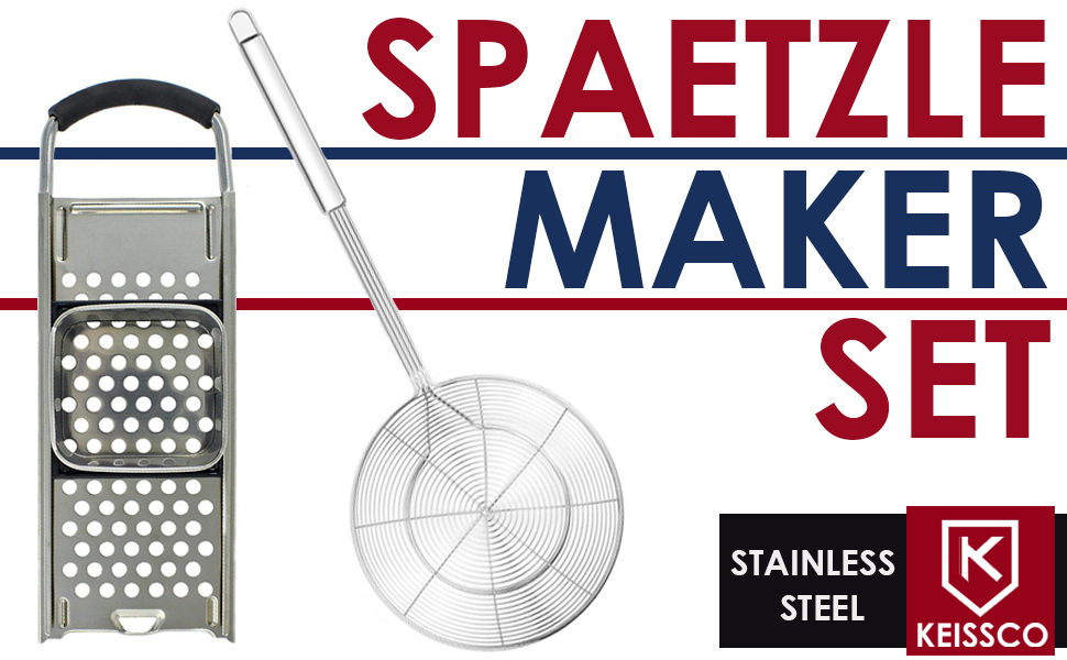 Premium Grade Stainless Steel Spaetzle Maker with Comfort Grip Handle, Stainless Steel Spider Strainer Skimmer Spoon Pasta Strainer, Homemade Traditional German Egg Noodle Dumpling Making Tool Set