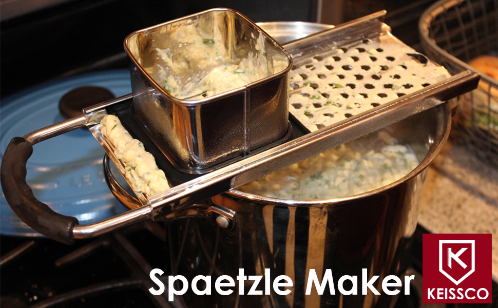 Premium Grade Stainless Steel Spaetzle Maker with Comfort Grip Handle, Stainless Steel Spider Strainer Skimmer Spoon Pasta Strainer, Homemade Traditional German Egg Noodle Dumpling Making Tool Set