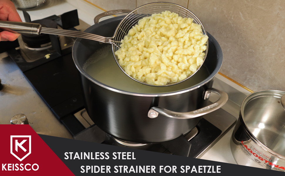 Premium Grade Stainless Steel Spaetzle Maker with Comfort Grip Handle, Stainless Steel Spider Strainer Skimmer Spoon Pasta Strainer, Homemade Traditional German Egg Noodle Dumpling Making Tool Set