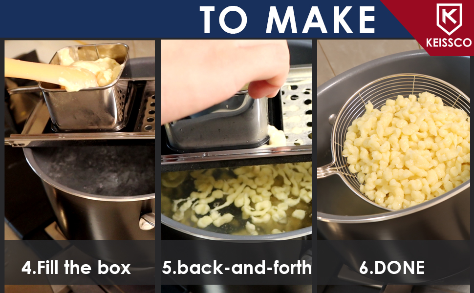 Premium Grade Stainless Steel Spaetzle Maker with Comfort Grip Handle, Stainless Steel Spider Strainer Skimmer Spoon Pasta Strainer, Homemade Traditional German Egg Noodle Dumpling Making Tool Set