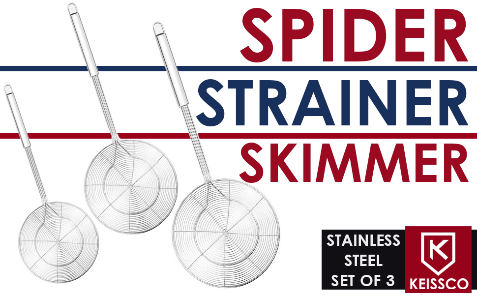 Stainless Steel Spider Strainer Skimmer Spoon For Frying and Cooking - Set of 3 Solid Wire Asian Strainer Ladle Pasta Strainer with Long Handle, Professional Kitchen Skimmer Ladle