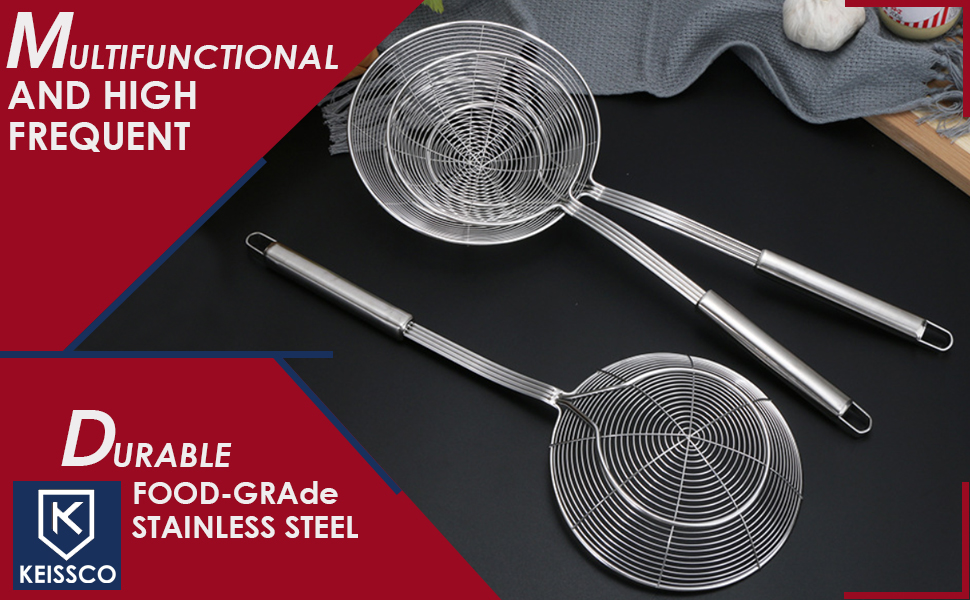 Stainless Steel Spider Strainer Skimmer Spoon For Frying and Cooking - Set of 3 Solid Wire Asian Strainer Ladle Pasta Strainer with Long Handle, Professional Kitchen Skimmer Ladle