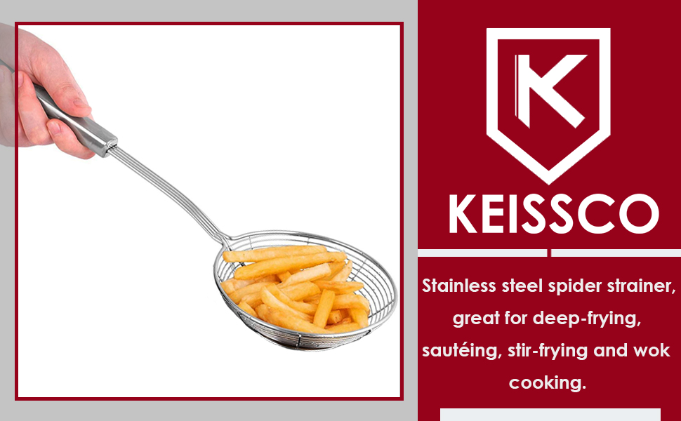 Stainless Steel Spider Strainer Skimmer Spoon For Frying and Cooking - Set of 3 Solid Wire Asian Strainer Ladle Pasta Strainer with Long Handle, Professional Kitchen Skimmer Ladle