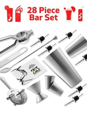 JoyTable Bar Set Cocktail Shaker Set, Stainless Steel Mixology Bartender Kit, 28PC Cocktail Kit, Silver Cocktail Set, Bar Tools: 30oz Martini Shaker, Muddler, Bar Kit Cocktail Book, Jigger and Pourers
