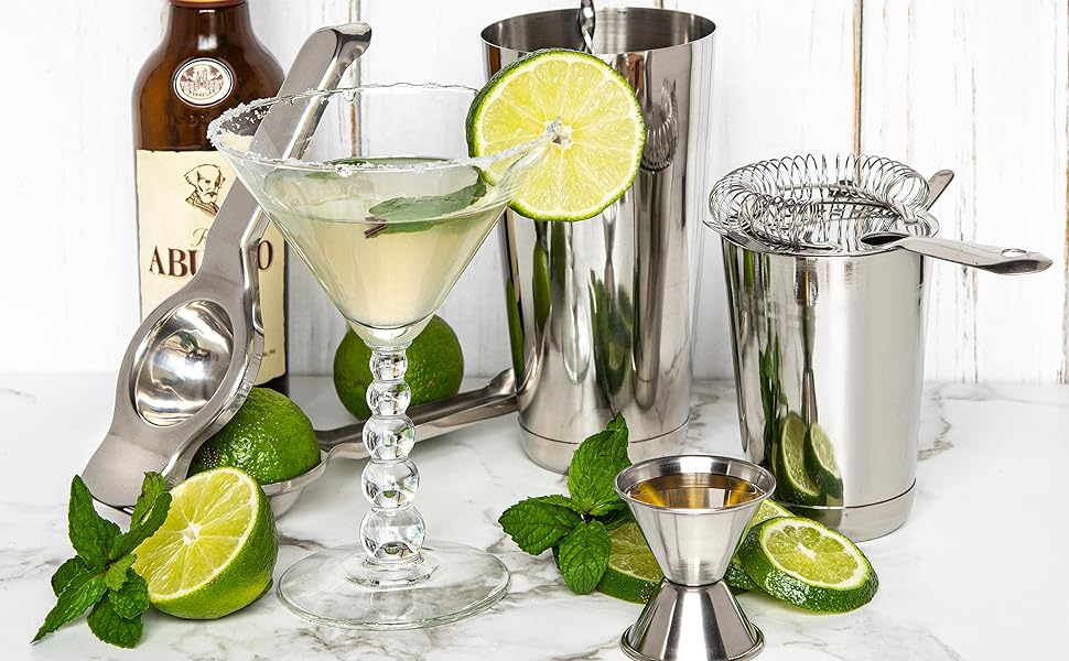 JoyTable Bar Set Cocktail Shaker Set, Stainless Steel Mixology Bartender Kit, 28PC Cocktail Kit, Silver Cocktail Set, Bar Tools: 30oz Martini Shaker, Muddler, Bar Kit Cocktail Book, Jigger and Pourers
