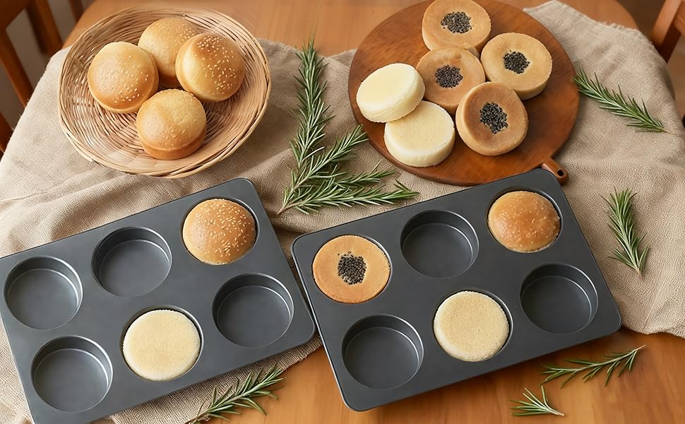 6 Cup Straight Side Jumbo English Muffin Cupcake Pan with Lid, Nonstick Hamburger Burger Bun Mold Muffin Pan for Baking Egg Sandwich Frittata Cinnamon Roll Focaccia Quiche Pancake