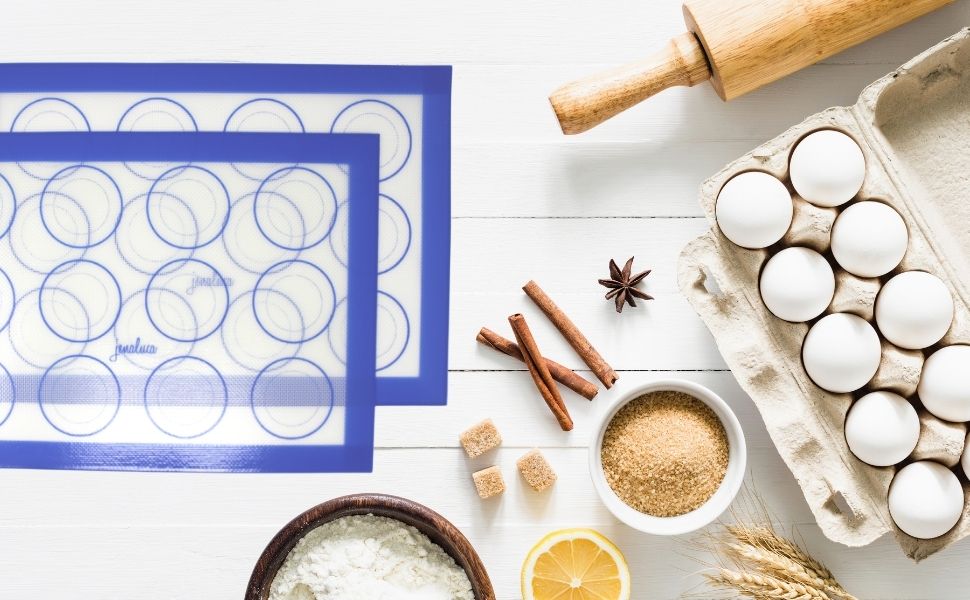 Jenaluca Silicone Baking Mats 2 Pack - Non-Stick Mats with Cookie Measurements Reusable Food Grade Silicone for Cookies, Pastries & Meal Preparation - Non Slip - 16.5 x 11.6