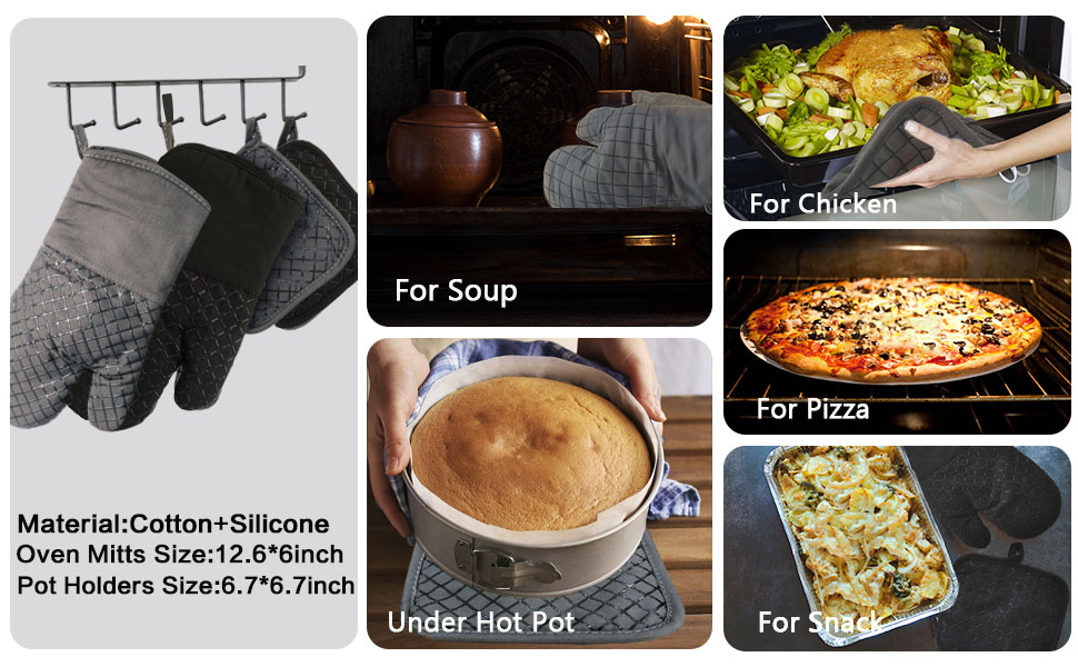 4 Pcs Oven Mitts and Pot Holders,500°F High Heat Resistant Kitchen Oven Mitts with Pot Holders,Long Oven Mitts with Recycled Cotton Infill and Silicone Non-Slip Surface for Baking and Cooking(Grey)