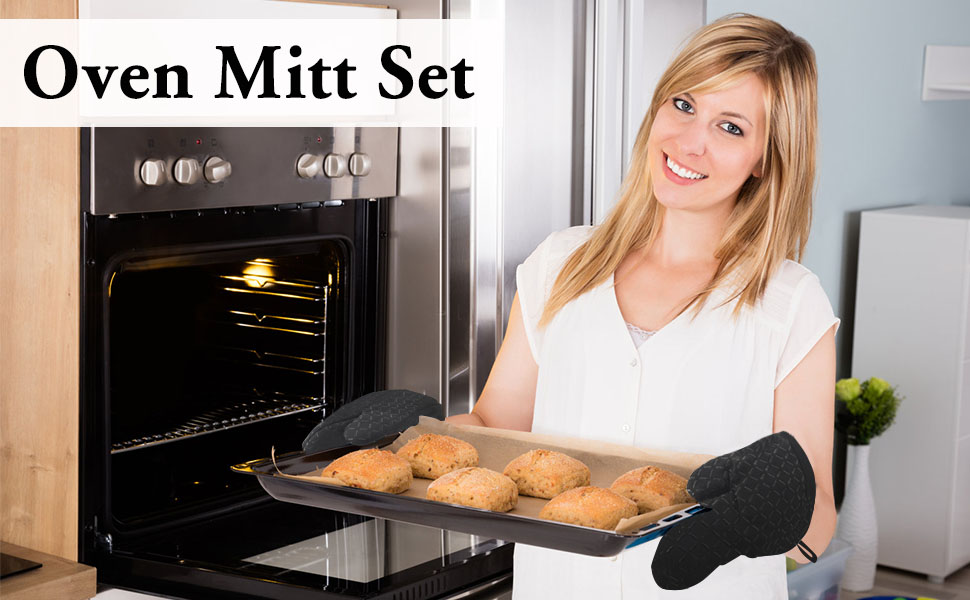 4 Pcs Oven Mitts and Pot Holders,500°F High Heat Resistant Kitchen Oven Mitts with Pot Holders,Long Oven Mitts with Recycled Cotton Infill and Silicone Non-Slip Surface for Baking and Cooking(Grey)