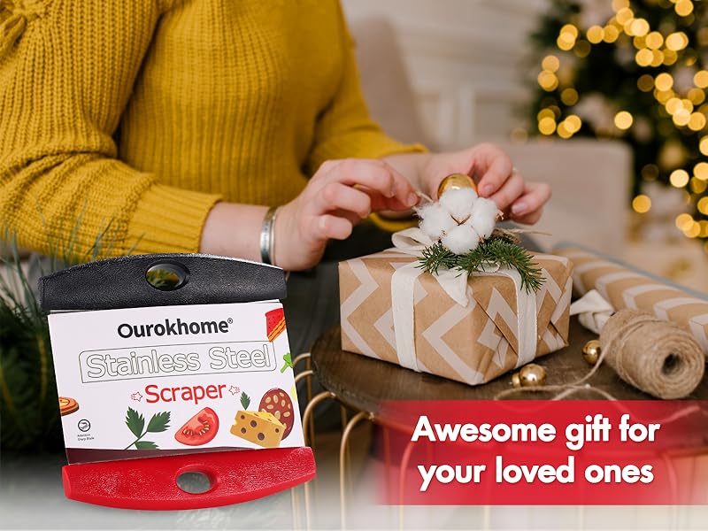 Ourokhome 2 Pack Bench Scraper Dough Cutter, Stainless Steel Dough Scraper with Laser-Etched Scale, Conversion Chart, Non-Slip Handle, Dishwasher Safe for Bread & Pastry, Black