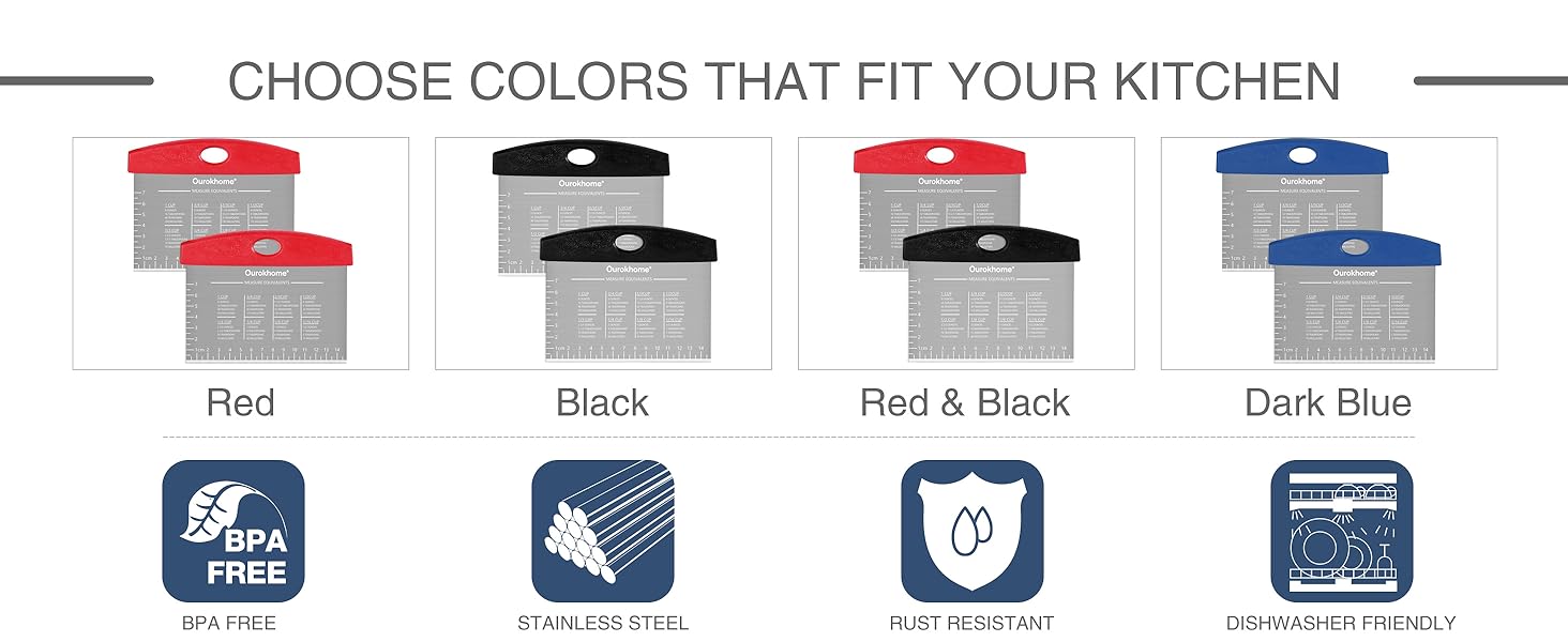 Ourokhome 2 Pack Bench Scraper Dough Cutter, Stainless Steel Dough Scraper with Laser-Etched Scale, Conversion Chart, Non-Slip Handle, Dishwasher Safe for Bread & Pastry, Black