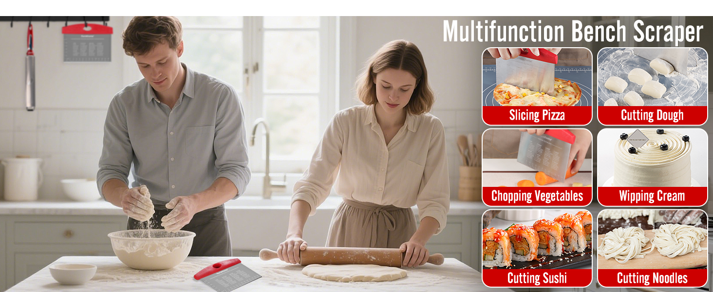 Ourokhome 2 Pack Bench Scraper Dough Cutter, Stainless Steel Dough Scraper with Laser-Etched Scale, Conversion Chart, Non-Slip Handle, Dishwasher Safe for Bread & Pastry, Black