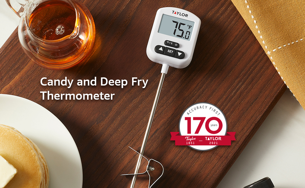 Taylor Programmable Digital Candy and Deep Fry Thermometer with Green Light Alert Display, Long Stem, and Adjustable Pan Clip, White