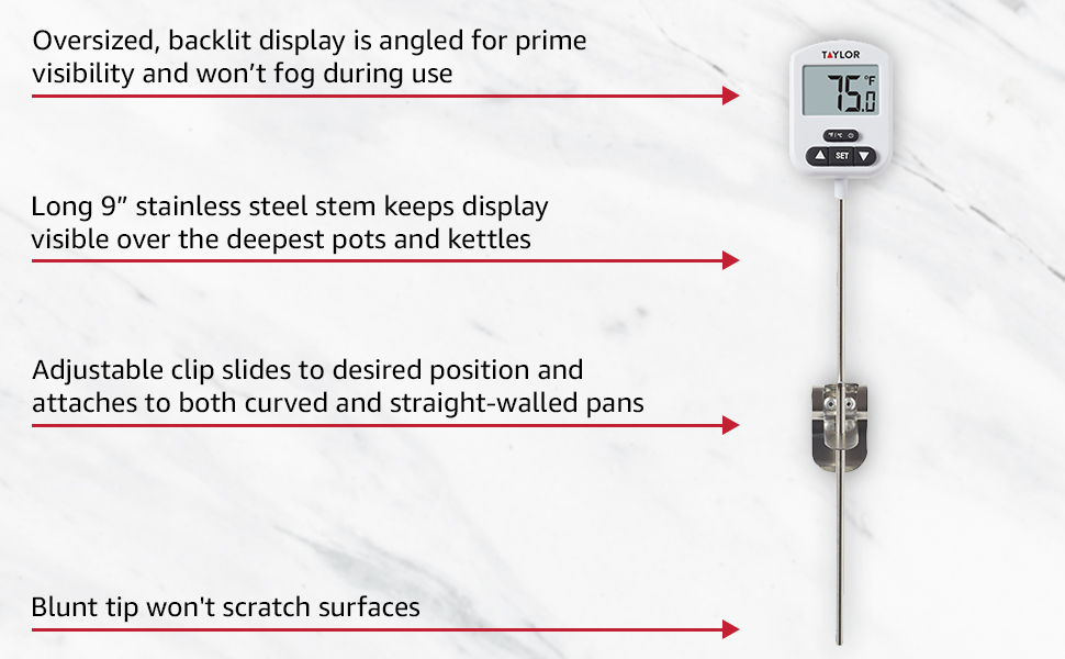 Taylor Programmable Digital Candy and Deep Fry Thermometer with Green Light Alert Display, Long Stem, and Adjustable Pan Clip, White