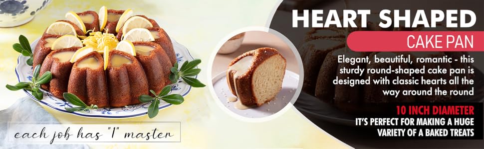 Heart Shape Aluminum Cake Pan, Titanium Coating, Non-Stick, 12 Cups, Heavy Duty, Gifts for Mom, Molded Cake Pan, 10 Inch Baking Mold, Cast Aluminum Fluted Tube Pan, Easy to Clean (Gold)