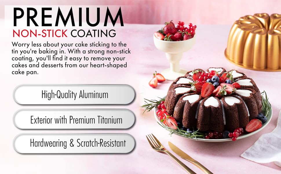 Heart Shape Aluminum Cake Pan, Titanium Coating, Non-Stick, 12 Cups, Heavy Duty, Gifts for Mom, Molded Cake Pan, 10 Inch Baking Mold, Cast Aluminum Fluted Tube Pan, Easy to Clean (Gold)