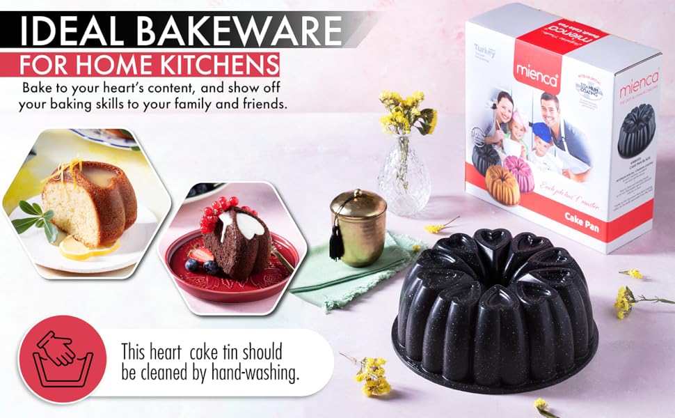 Heart Shape Aluminum Cake Pan, Titanium Coating, Non-Stick, 12 Cups, Heavy Duty, Gifts for Mom, Molded Cake Pan, 10 Inch Baking Mold, Cast Aluminum Fluted Tube Pan, Easy to Clean (Gold)